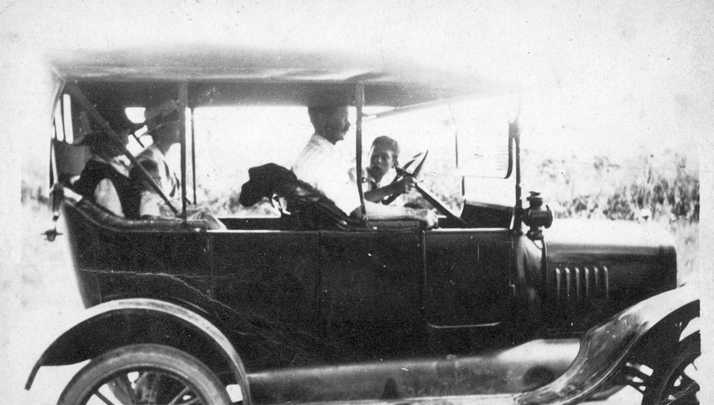 Ernest, Julia & Arthur Hatch and an unidentified lady in a car in Valois, NY