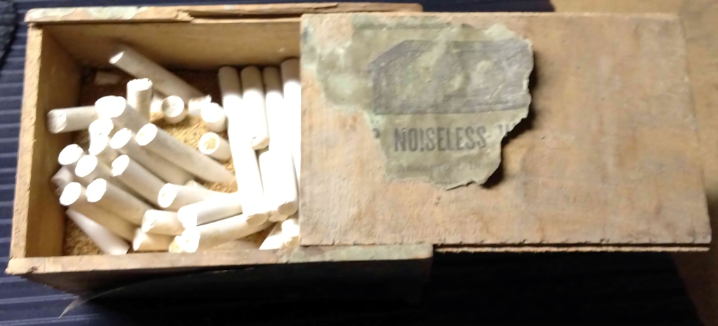 Box of chalk from the "E. Hatch School District" across from Ernest Hatch's Sagamore Farm, Valois, NY