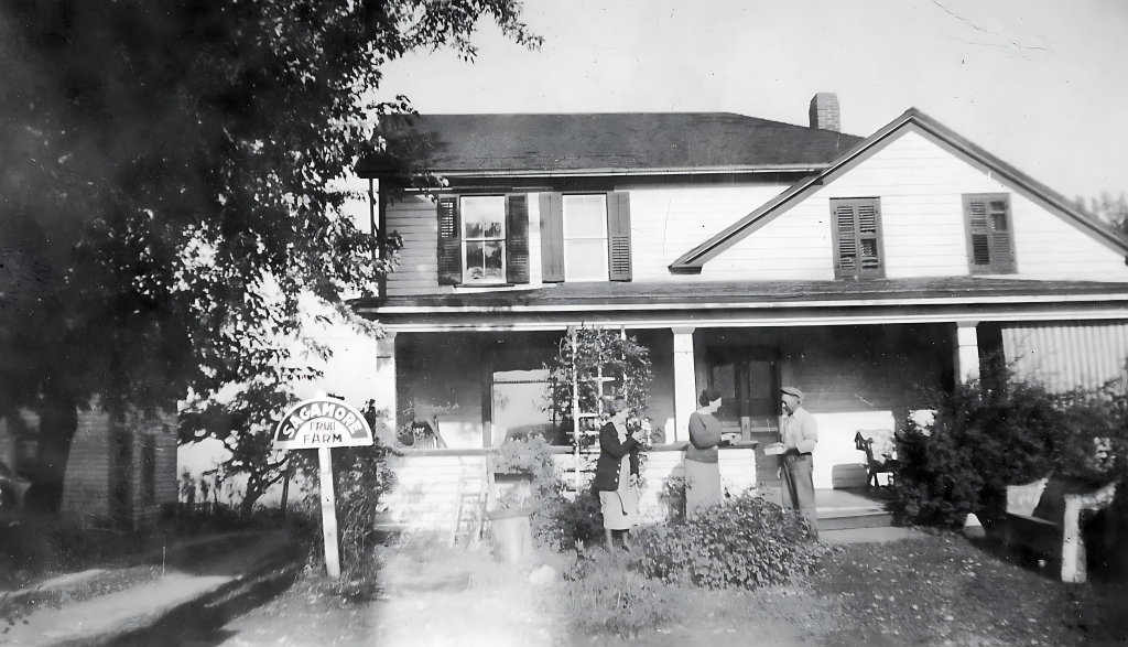 Sagamore Farm house in Valois, NY after enlargement. Ernest Hatch is shown, presumably selling fruit to two ladies.